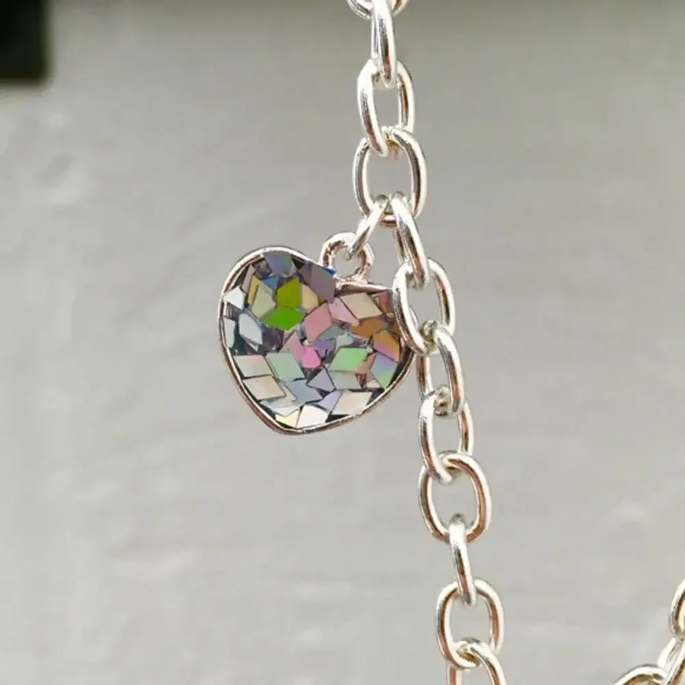 Silver Tone Glitter Unicorn Charm Bracelet w/ Crystal Heart & Bow New + Gift Box